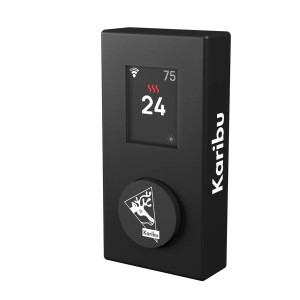 Schwarzes Karibu Saunasteuergerät WiFi für Öfen bis 18kW mit Display und Logo.