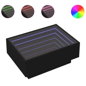Schwarzer LED-Couchtisch (70x50x30 cm) mit Infinity-Spiegel und RGB-Beleuchtung.