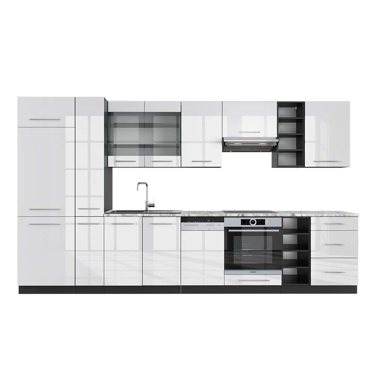 Vicco Fame-Line Küchenzeile Weiß Hochglanz/Anthrazit 355 cm AP Marmor günstig online kaufen
