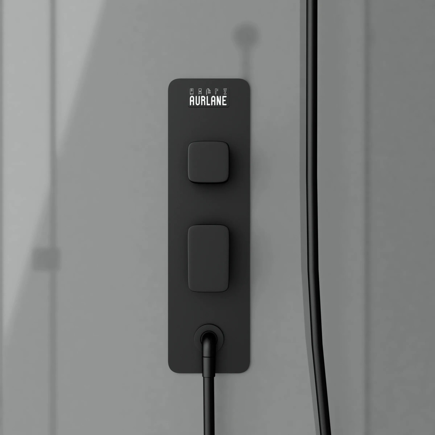 Detailansicht: Aurlane Komplettdusche Grey Touch, mattschwarze Armatur mit Bedienelementen.