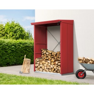 EcoStar Kaminholzregal Elegant-V, purpurrot, gefüllt mit Holz, im Garten.