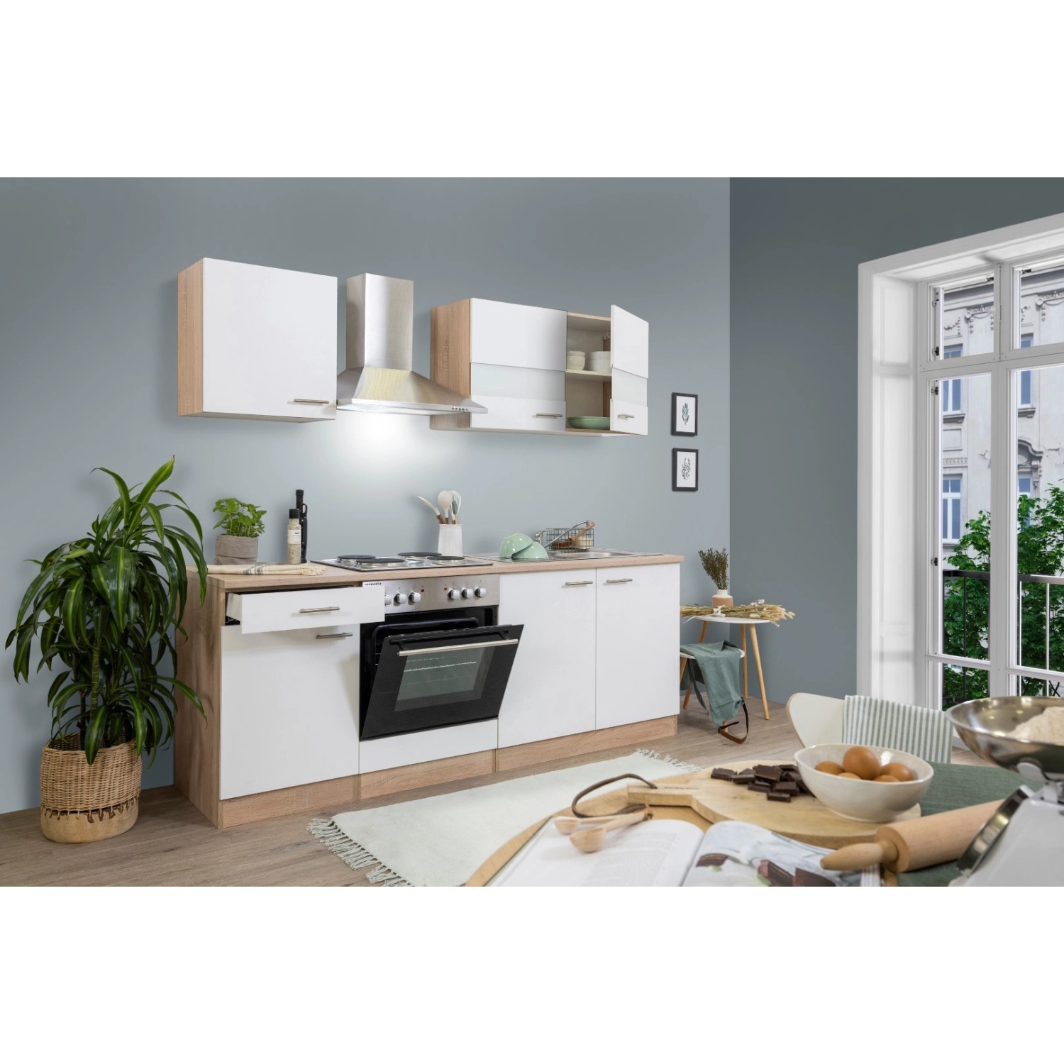 Respekta Küchenzeile/Küchenblock KB210ESW 210 cm Weiß-Eiche Sägerau Nachbildung