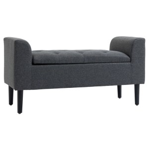 Dunkelgraue HOMCOM Sitzbank mit Stauraum, gepolstertem Deckel, geknöpften Details und schwarzen Holzbeinen. Elegantes Möbelstück.