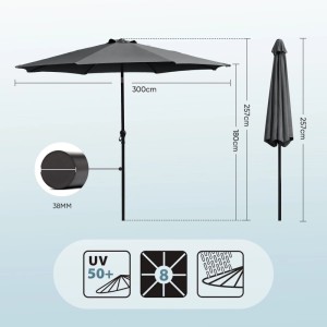 Sekey Sonnenschirm 300cm, grau, mit Kurbel und Knickfunktion. Gartenschirm für sonnige Tage.