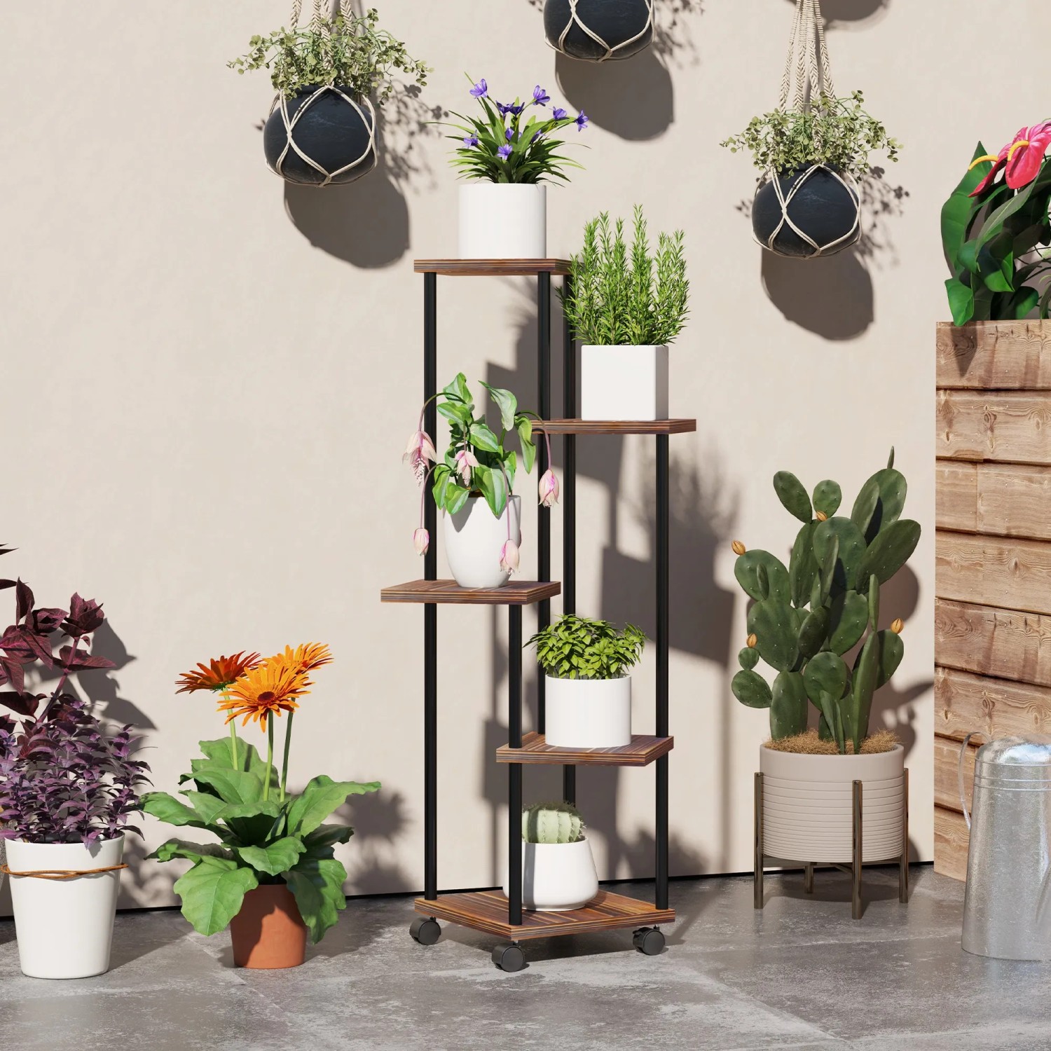 Outsunny Blumenständer aus Stahl und Holz, 5 Ebenen, verkohlt, mit Rollen. Dekorative Pflanzenregal.