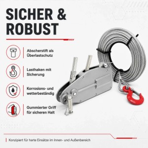 Robuster Wiltec Handseilzug (Greifzug) mit 20m Stahlseil, rotem Lasthaken, Überlastschutz und gummiertem Griff.
