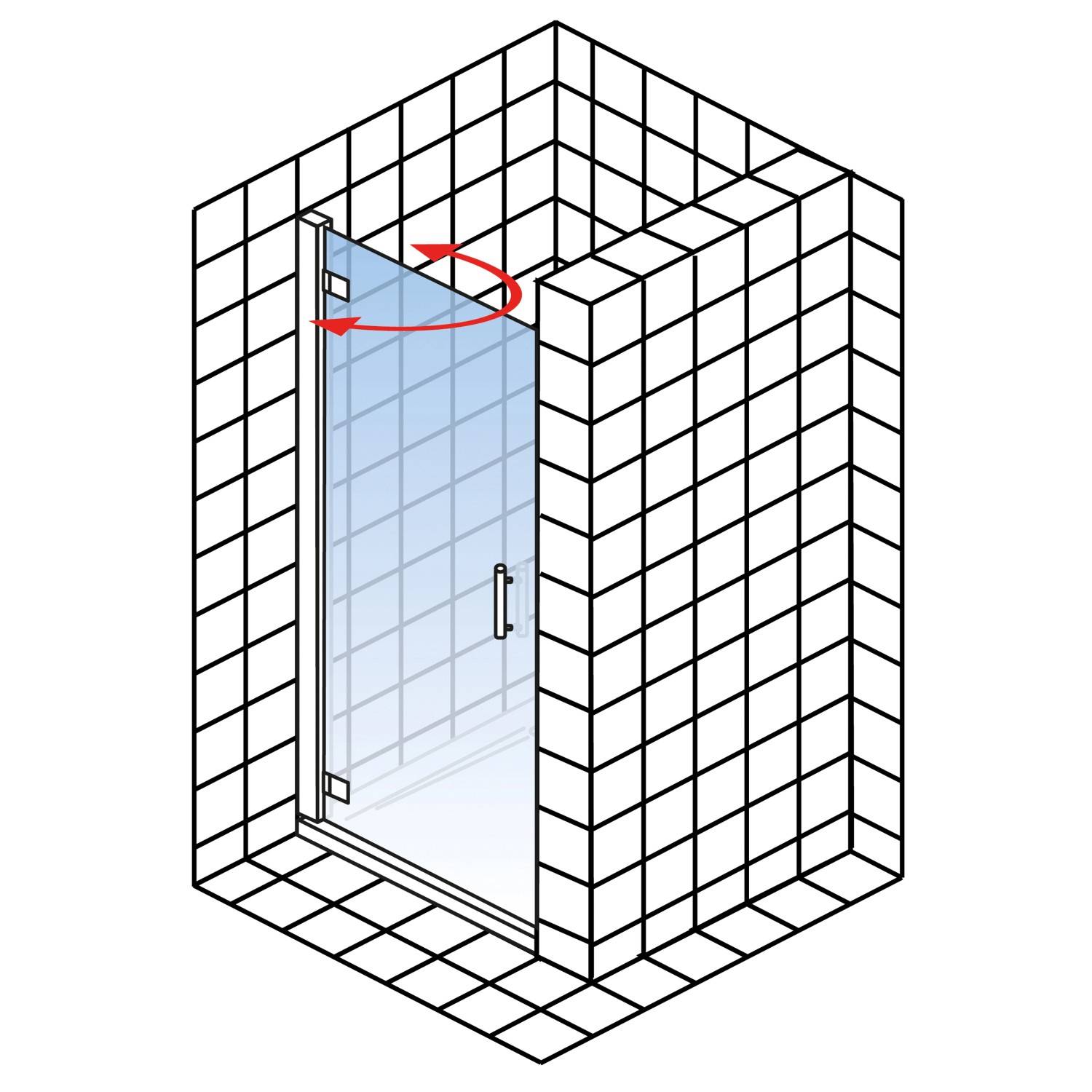 Schulte Drehtür Toura, pendelbar in Nische, Türanschlag links, 90x200 cm, mit roten Pfeilen die Drehfunktion andeutend.