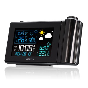 Schwarze Kienzle Funk-Wetterstation mit Projektion von Uhrzeit, Temperatur und Wettervorhersage.