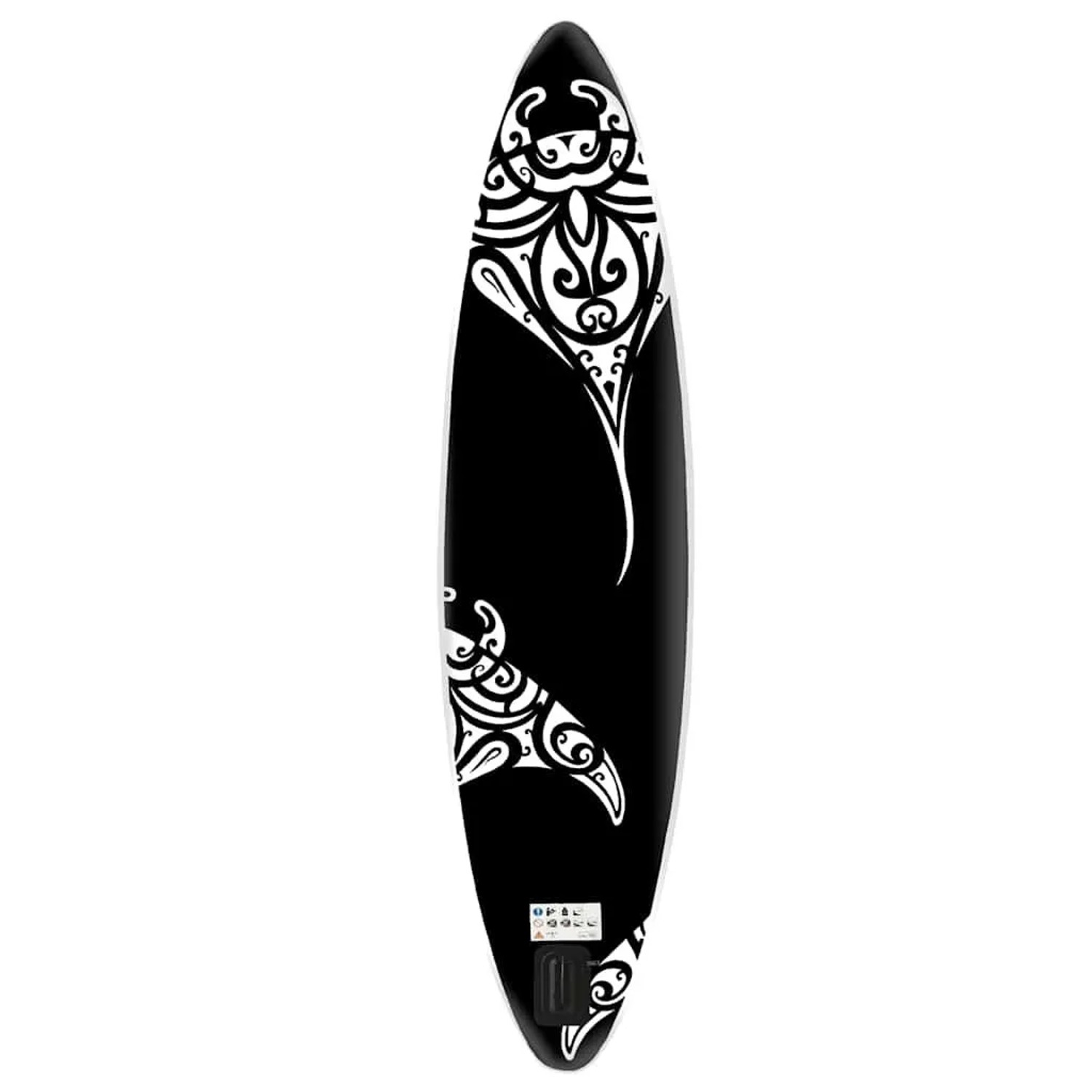 Schwarzes, aufblasbares SUP-Board mit weißem Muster für Wassersport.