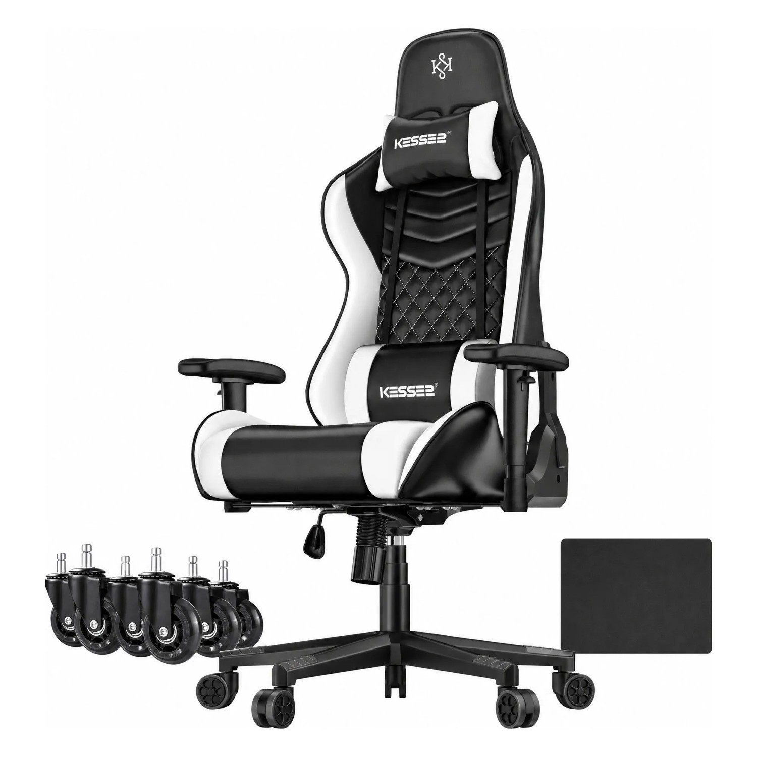 KESSER Gaming Stuhl Ergonomisch mit Kopfstütze 150 kg Belastbar Schwarz Weiß