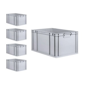 PROREGAL SuperSparSet: 5 graue Euroboxen 65L mit gelben Verschlüssen, ideal zur Aufbewahrung.