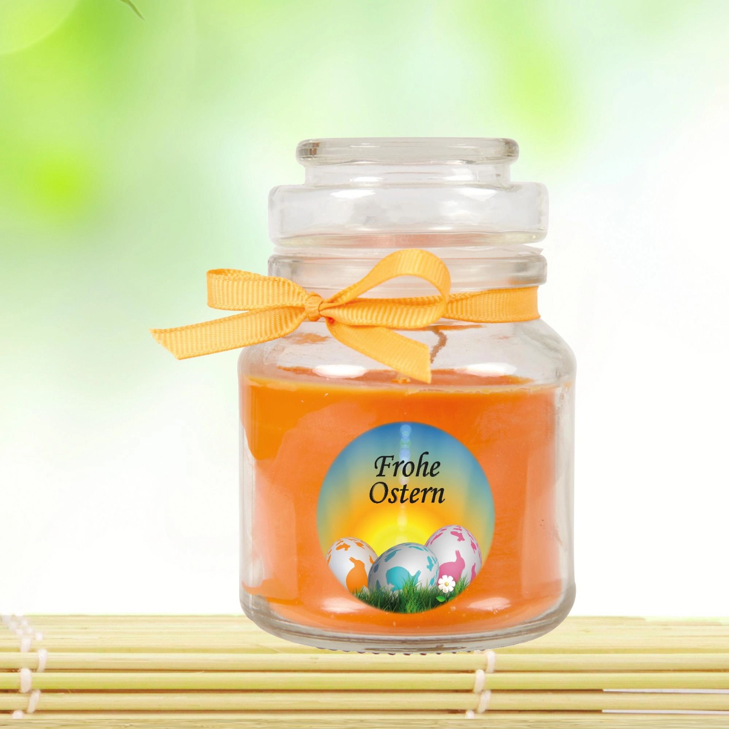 Duftkerze Frohe Ostern im Glas mit Honigmelone Duft, Ø7cm. Osterdeko.