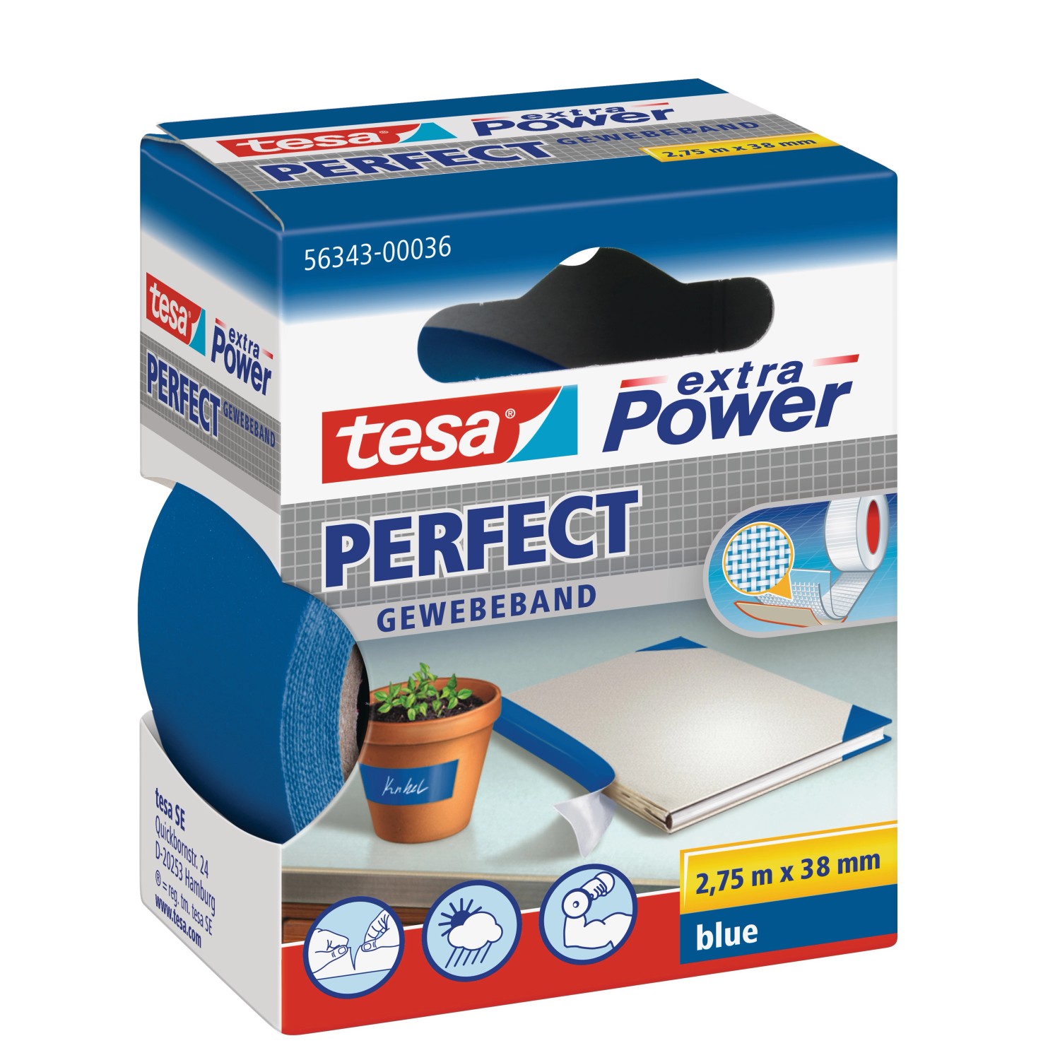 Tesa Extra Power Perfect Gewebeband Blau 2,75 m x 38 mm