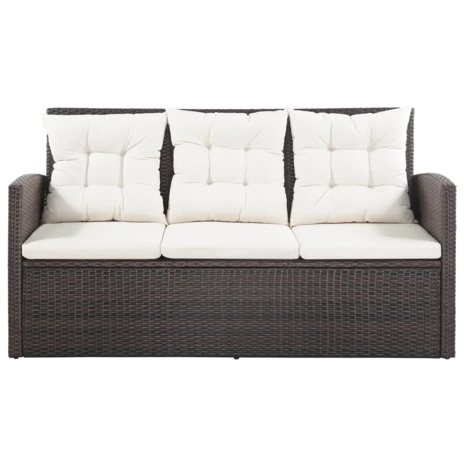Braunes 3-Sitzer Gartensofa aus Rattan mit cremefarbenen Auflagen, Teil des vidaXL Lounge-Sets.