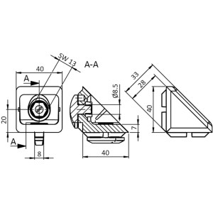 Fath Aluwinkel 40x40x40mm, Item System Nut 8. Technische Zeichnung mit Maßen und Rhombusschraube zur Profilverbindung.