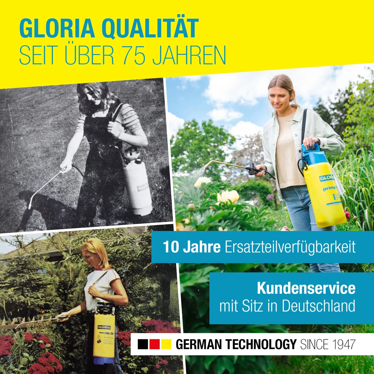 Gloria Prima 5 Plus Drucksprühgerät: Gelber Behälter mit Sprühlanze im Einsatz.