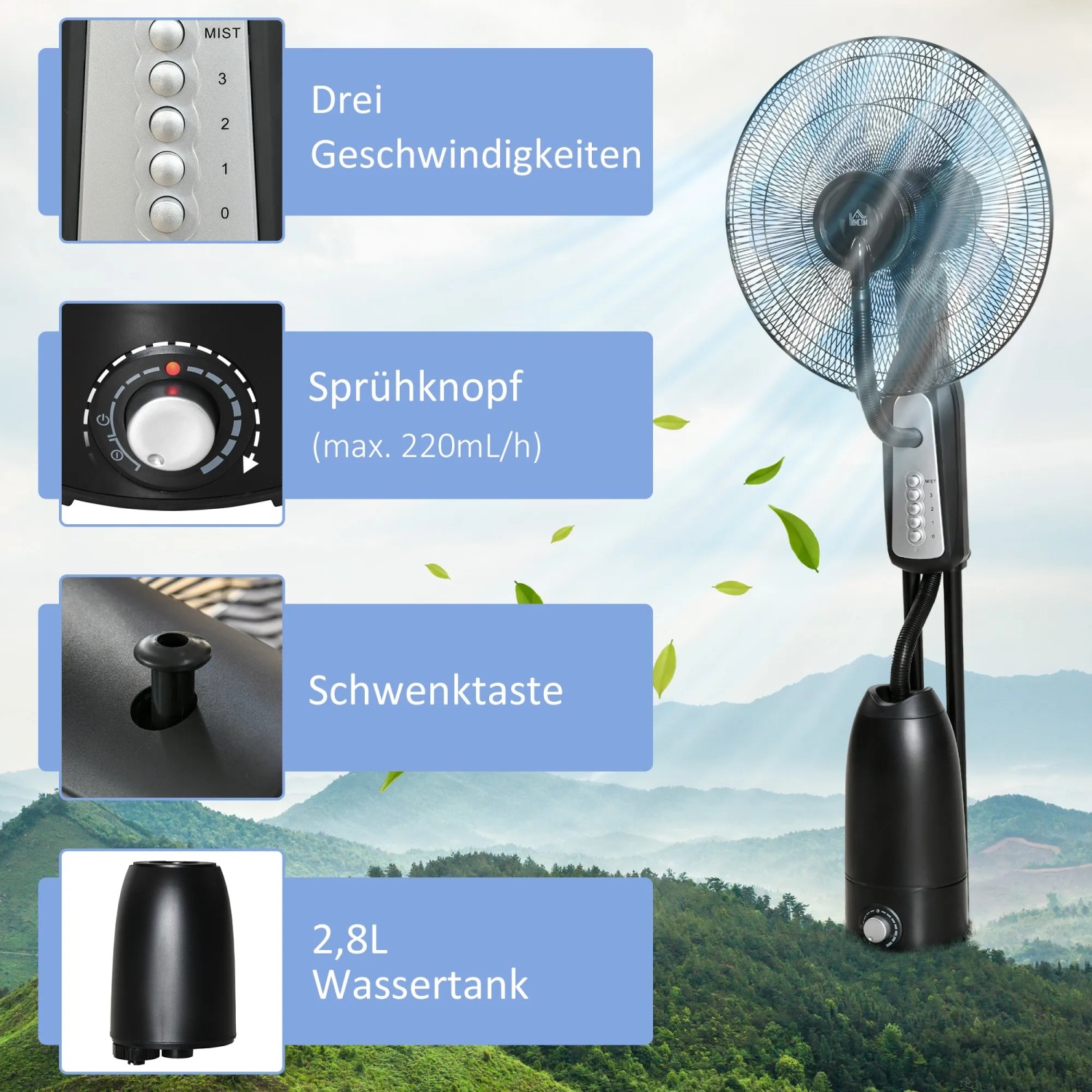 HOMCOM Standventilator mit Luftbefeuchter, schwarz/silber, mit 3 Geschwindigkeiten und 2,8L Wassertank.
