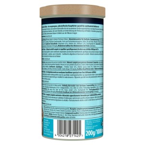 Tetra Malawi Flakes Flockenfutter Dose, Rückseite mit mehrsprachigem Etikett und Barcode. Für Cichliden.