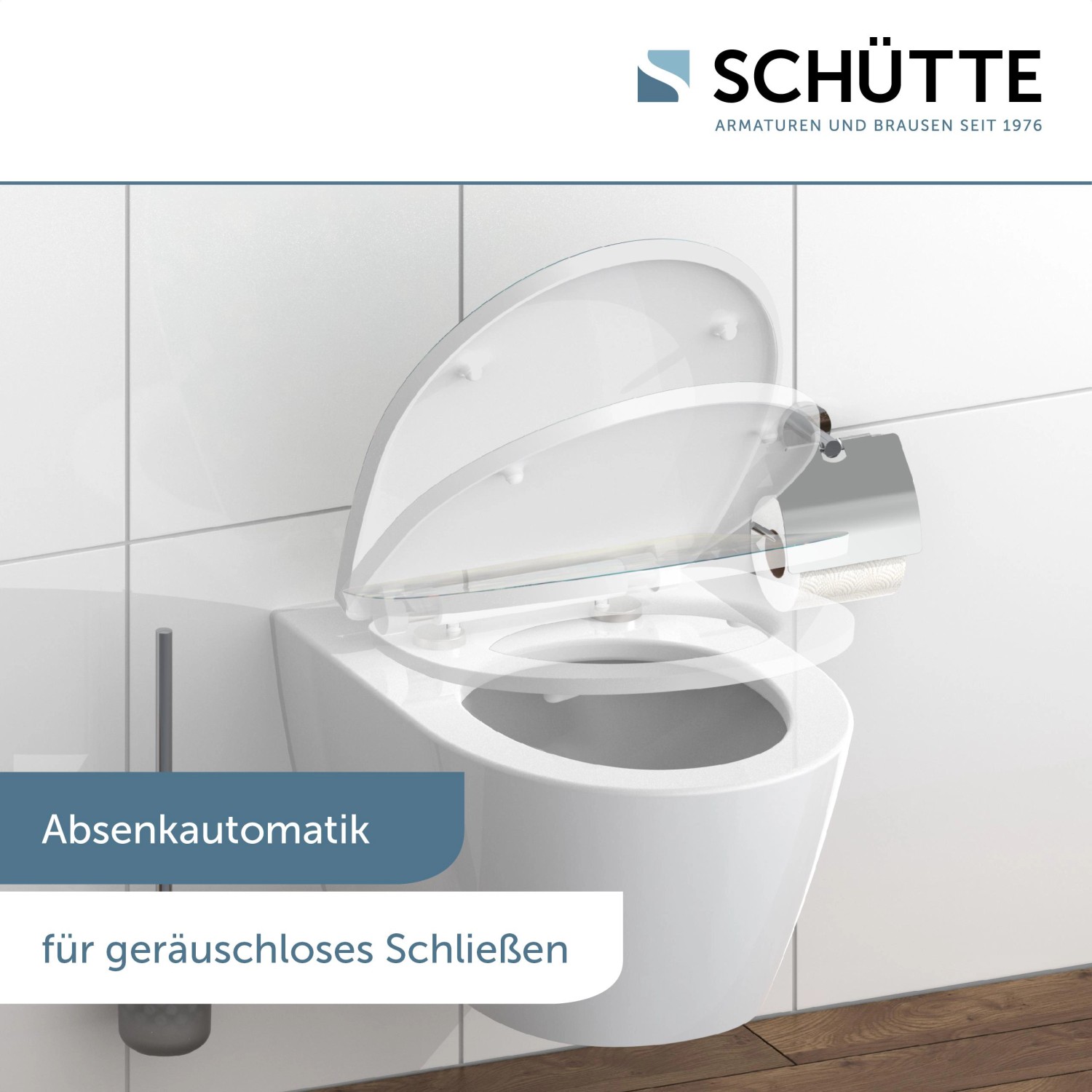 Schütte WC-Sitz Magic Light mit Absenkautomatik und Schnellverschluss auf Wand-WC.