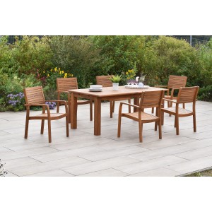 Merxx Batavia 7-tlg. Gartenmöbel-Set mit 6 Stapelsesseln und ausziehbarem Gartentisch aus Akazienholz.