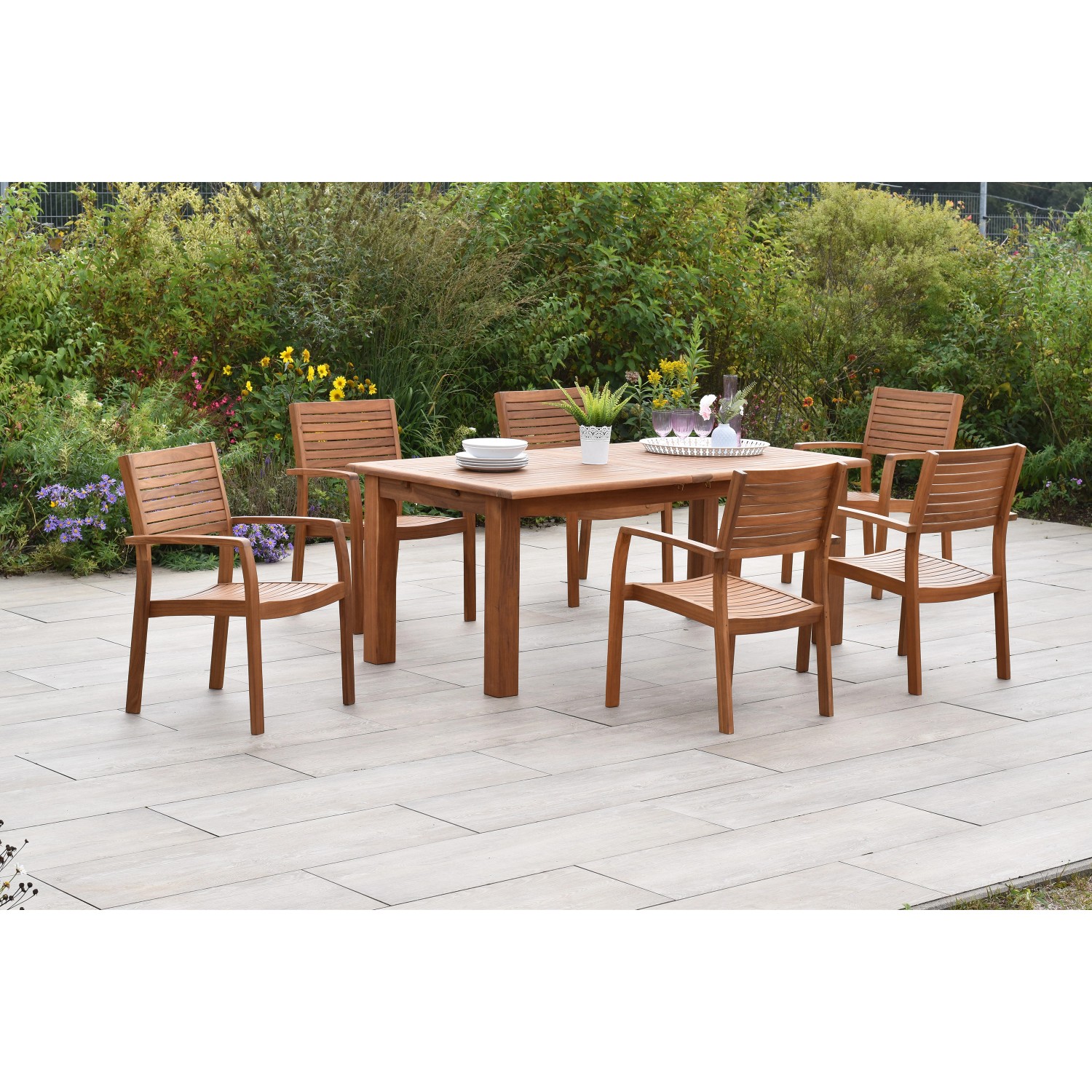 Merxx Batavia Set 7-tlg. 6 Stapelsessel Doppel-Gartentisch Ausziehbar günstig online kaufen