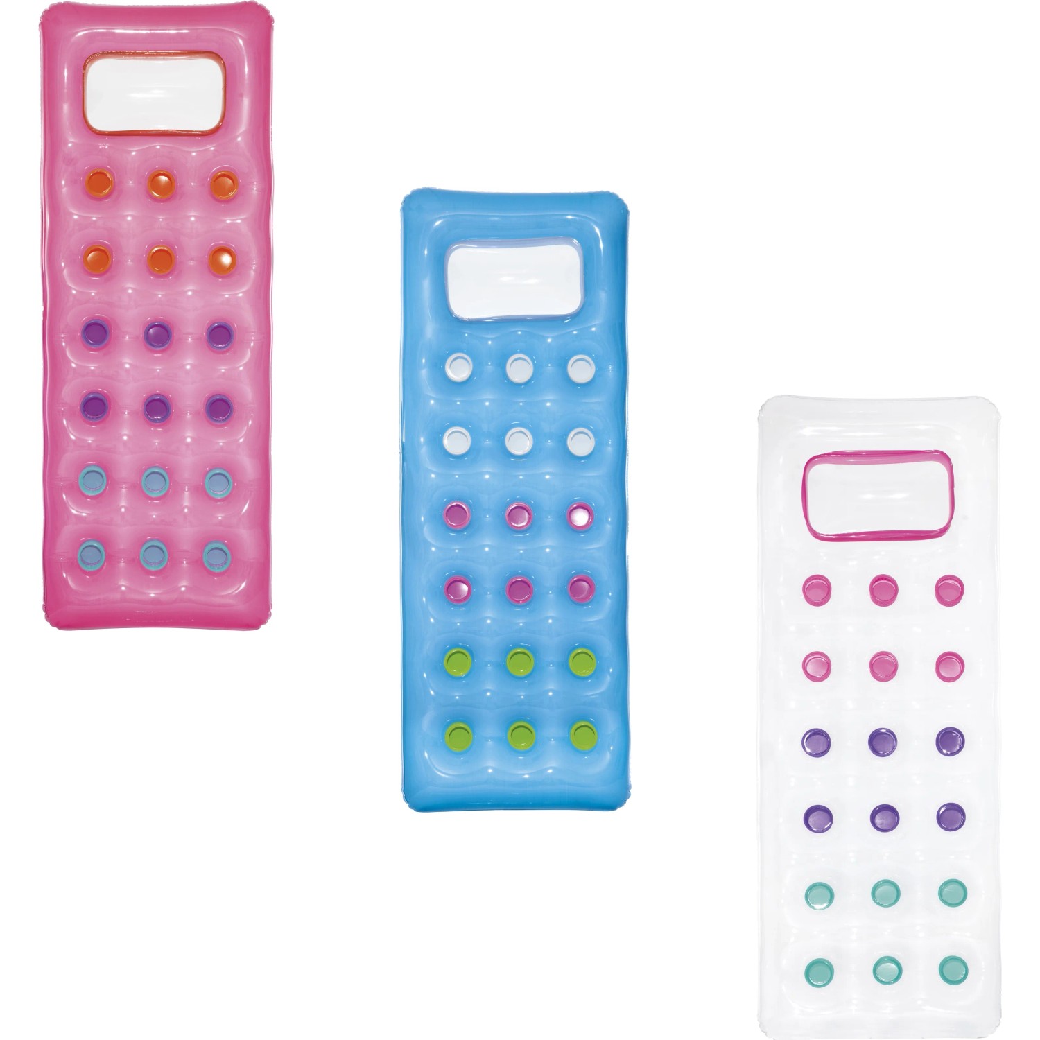 Bestway Luftmatratze, 3-fach sortiert, mit Fenster, in Rosa, Blau und Transparent.