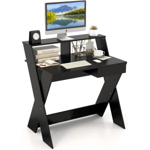 Schwarzer Costway Computertisch mit Schublade und Monitorerhöhung, 90x61x94 cm.