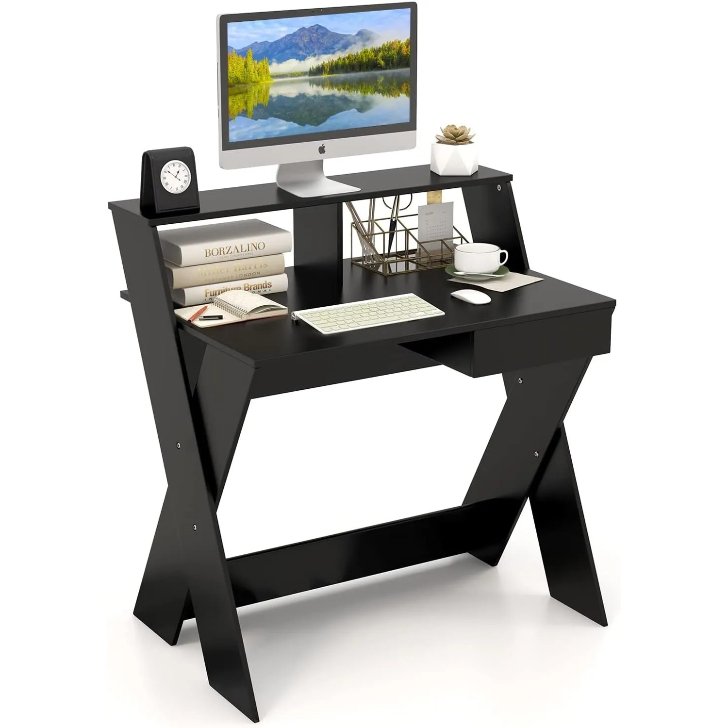 Schwarzer Costway Computertisch mit Schublade und Monitorerhöhung, 90x61x94 cm.