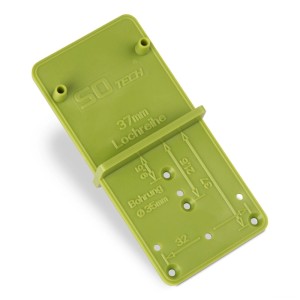 Grüne SOTECH EasyGreen Bohrschablone für Topfbohrungen und Lochreihen, mit 32mm Raster und Ø35mm Markierung.