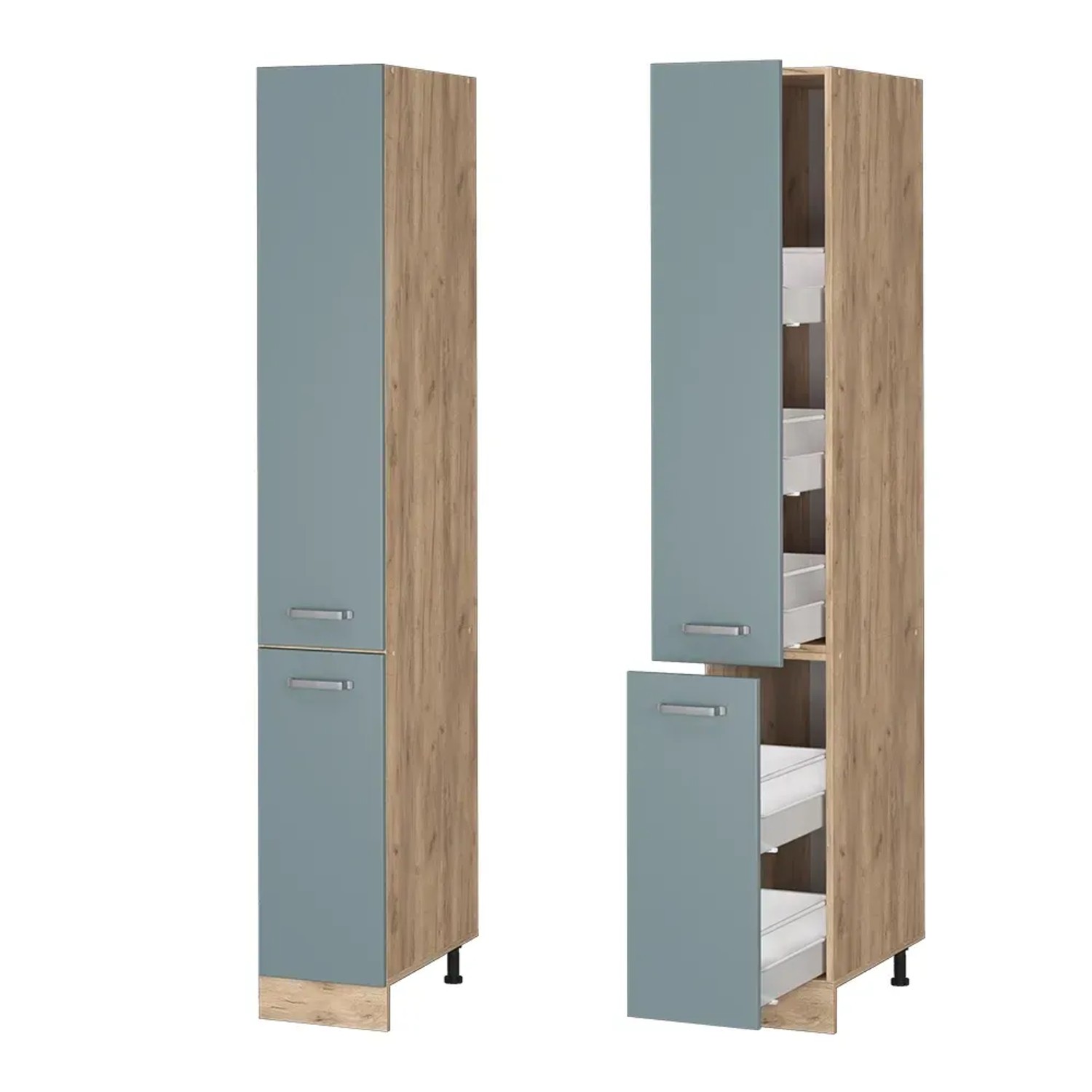 Vicco Apothekerschrank R-Line, blau-graue Front, Goldkraft Eiche Dekor, 30 cm breit. Küchenschrank.