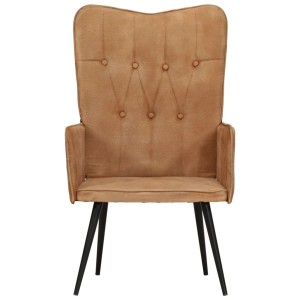Brauner Ohrensessel aus Canvas mit Knopfdesign und schwarzen Füßen. Relaxsessel für Wohnzimmer.