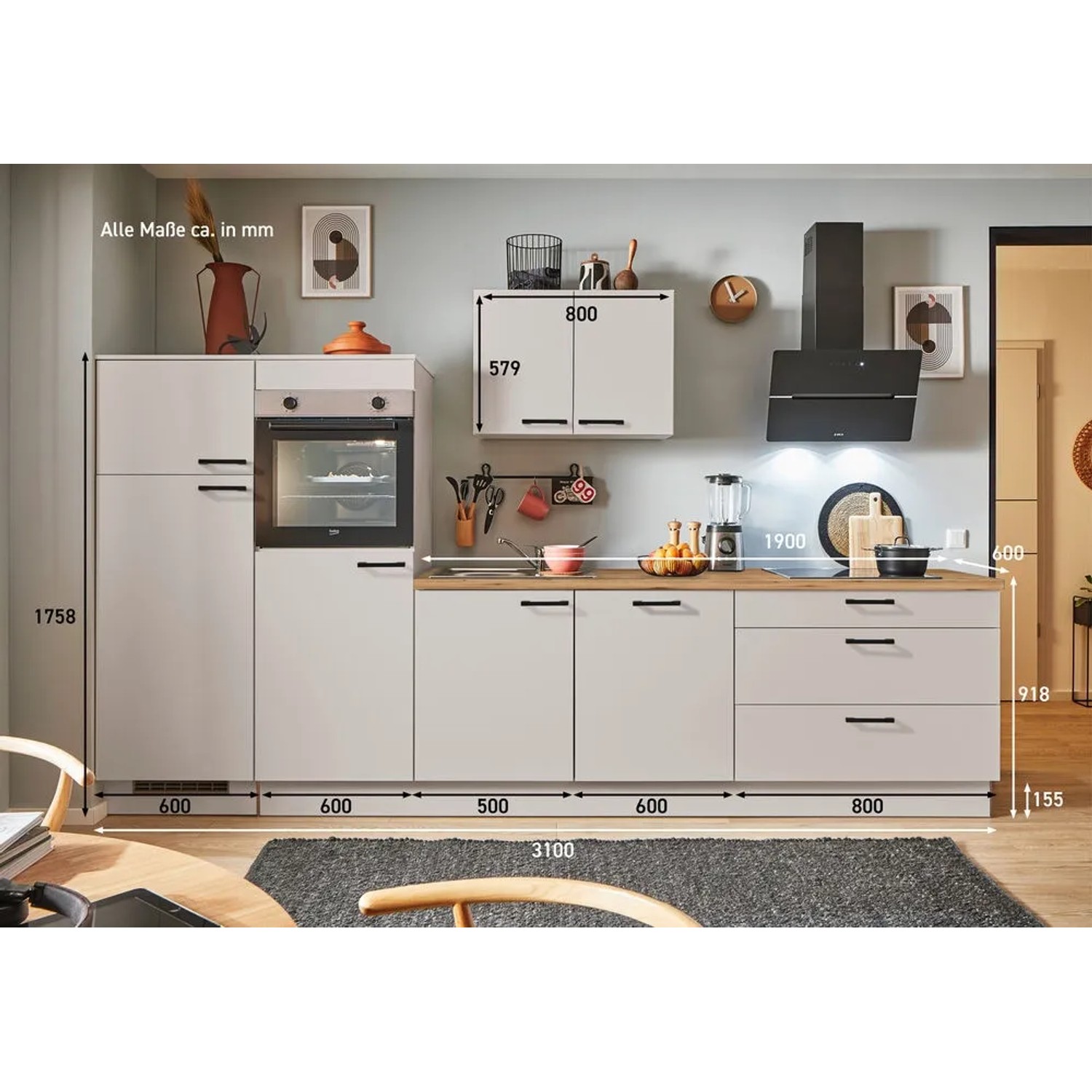 Moderne Küchenzeile in Kaschmirgrau, 310 cm breit, mit Elektrogeräten und zwei Geräteschränken.