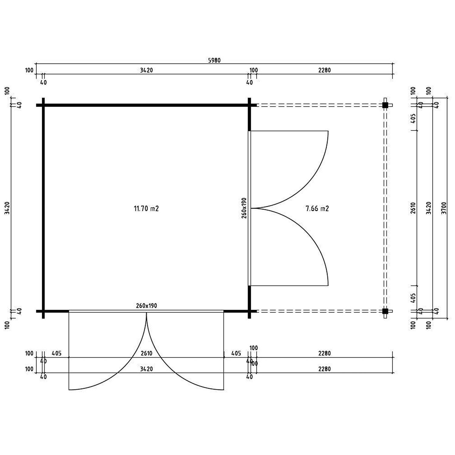 Grundriss Alpholz Gartenhaus Sunshine mit Walmdach, Maße 598x370 cm, inkl. Anbaudach.