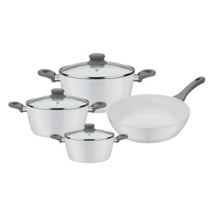 GSW Kochtopf Set Fiona, 7-teilig: weiße Aluminiumtöpfe, Pfanne, Glasdeckel, graue Griffe. Induktionsgeeignet.