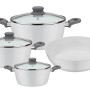 GSW Kochtopf Set Fiona, 7-teilig: weiße Aluminiumtöpfe, Pfanne, Glasdeckel, graue Griffe. Induktionsgeeignet.