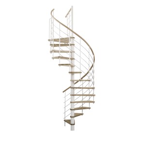 Minka Spindeltreppe Venezia Eiche/Weiß, 160 cm Durchmesser. Wendeltreppe mit Holzstufen und weißem Metallgeländer.
