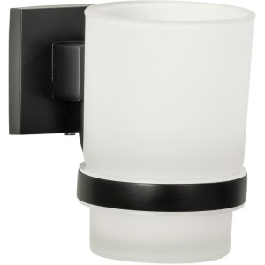 Fackelmann Glas mit Halter New York, schwarz-matte Wandhalterung mit Glas-Zahnputzbecher.
