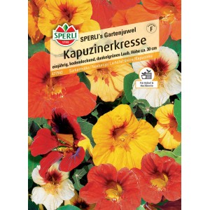 Samenpackung Sperli Kapuzinerkresse Gartenjuwel mit bunten Blüten in Gelb, Orange und Rot.