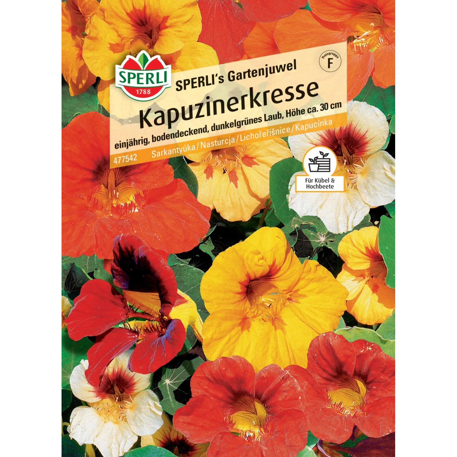 Samenpackung Sperli Kapuzinerkresse Gartenjuwel mit bunten Blüten in Gelb, Orange und Rot.
