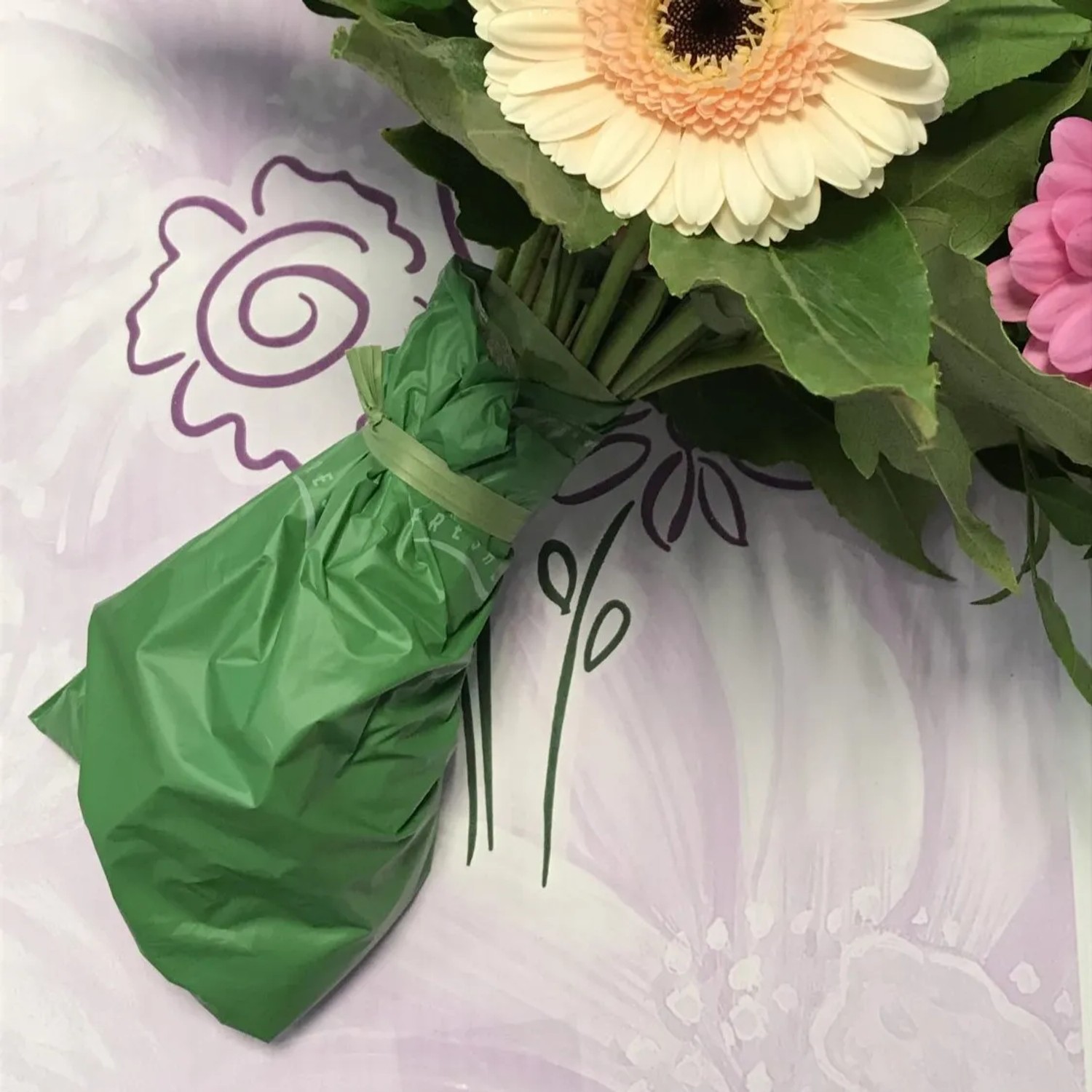 Blumenstrauß Ich bin für dich da, rot-weiße Blüten mit grüner Manschette.