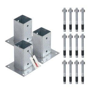 Set aus 3 verzinkten HOLLMAX Aufschraubhülsen 71mm für Vierkantpfosten und 12 Schwerlastankern 10x100mm. Für Zaunbau.