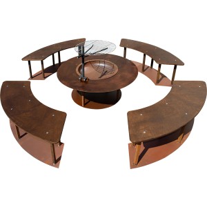 Ferrum Art Design Feuerstelle Circle Rost mit Grill und Sitzbänken aus Edelrost.