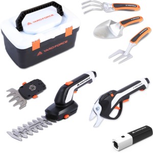 Yard Force Vita Tool Box HX V06S mit 6 Gartenhandwerkzeugen: Schaufel, Grubber, Grabegabel, Akku-Grasschere, Strauchschere, Akku.