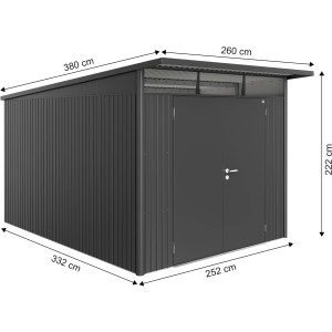 Biohort Metall-Gerätehaus AvantGarde A8, dunkelgrau-metallic, mit Doppeltür und Maßangaben.