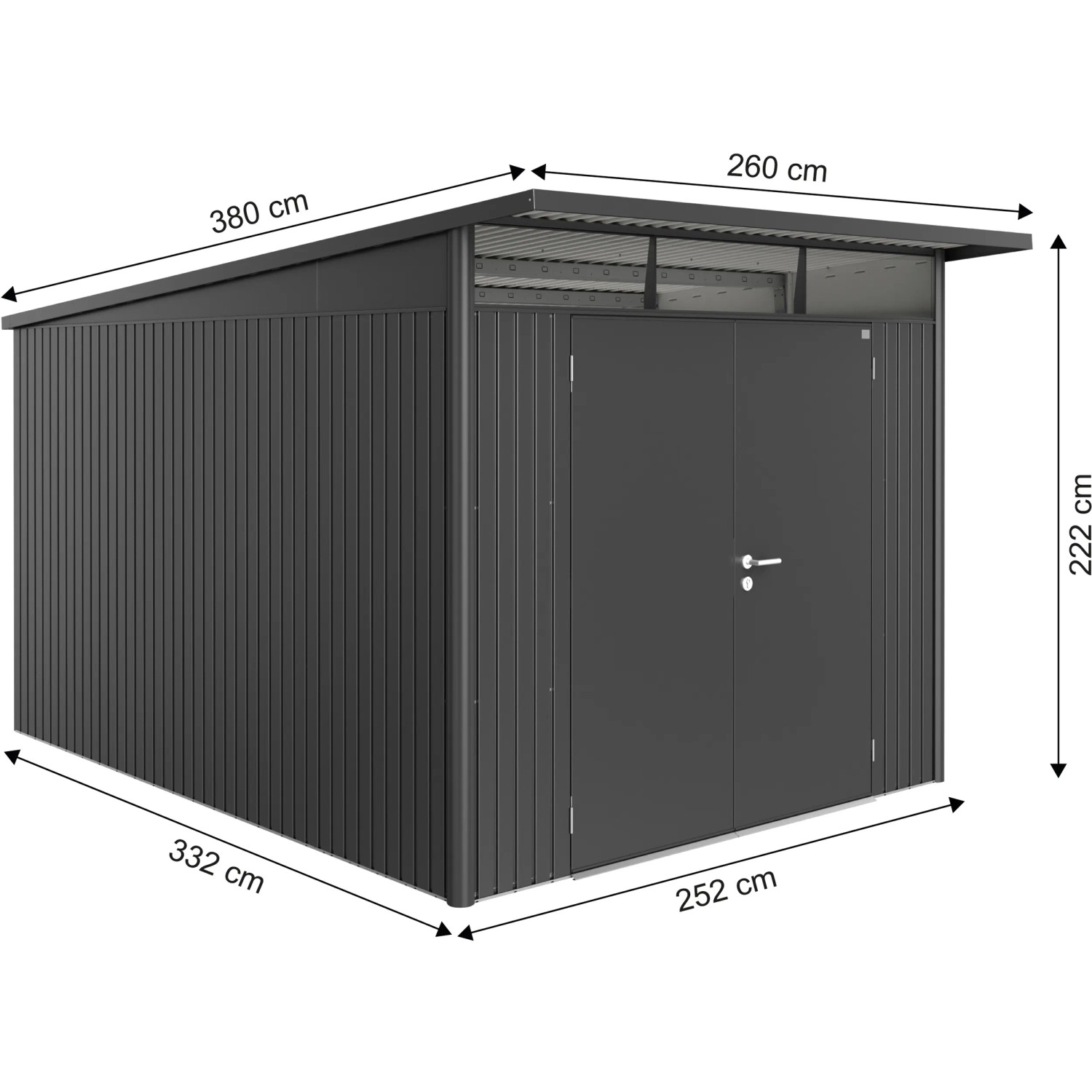 Biohort Metall-Gerätehaus AvantGarde A8, dunkelgrau-metallic, mit Doppeltür und Maßangaben.