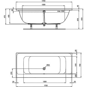 Technische Zeichnung: Ideal Standard Connect Air Duo-Badewanne, 170x75 cm, Maße und Details.