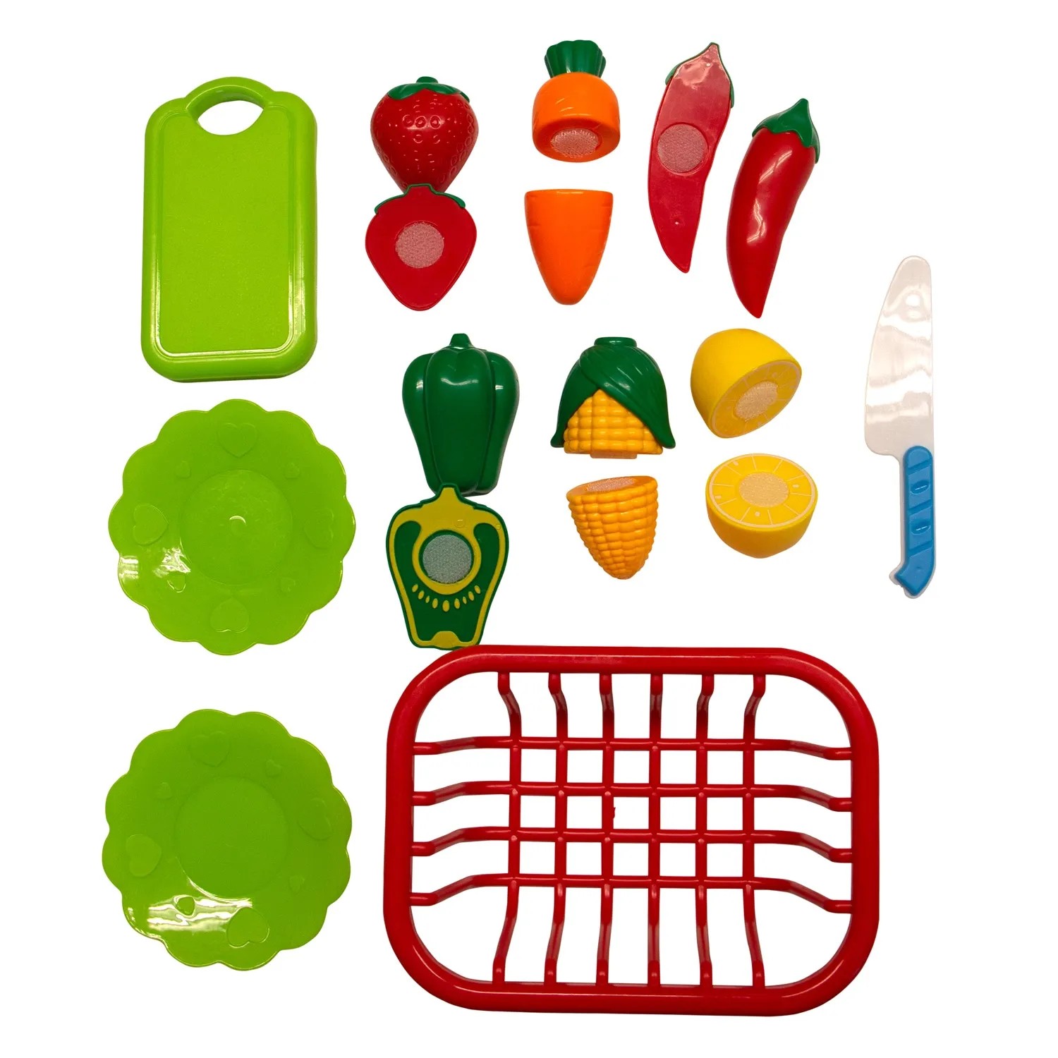 Zubehörset für Axi Sand und Wasser Picknicktisch Dennis: Spielzeug-Obst, Gemüse, Geschirr und Messer.