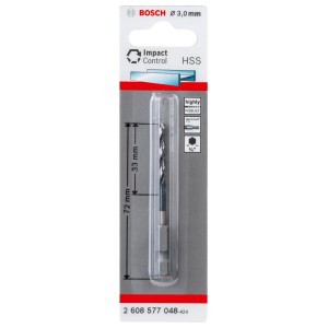 Bosch HSS-Spiralbohrer, 3 mm, mit Sechskantschaft in Verpackung.