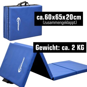 Blaue, faltbare eyepower Gymnastikmatte, 200x60x5 cm, für Sport und Spiel.