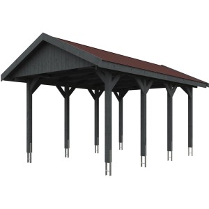 Satteldach-Carport Wallgau, schiefergraues Holz, rote Dachschindeln, 380x600 cm.